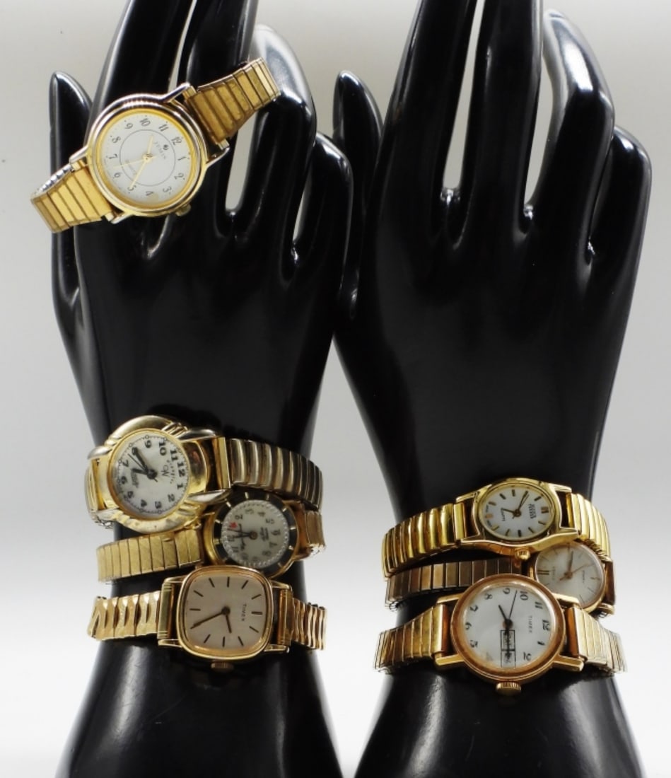 (7) Stretchy Gold-Tone Watches: Stretchy bands. Some brands: Jemis, Bijoux Terner, Timex, Wrangler. Watches are not verified, authenticated, or tested in running condition unless specified.