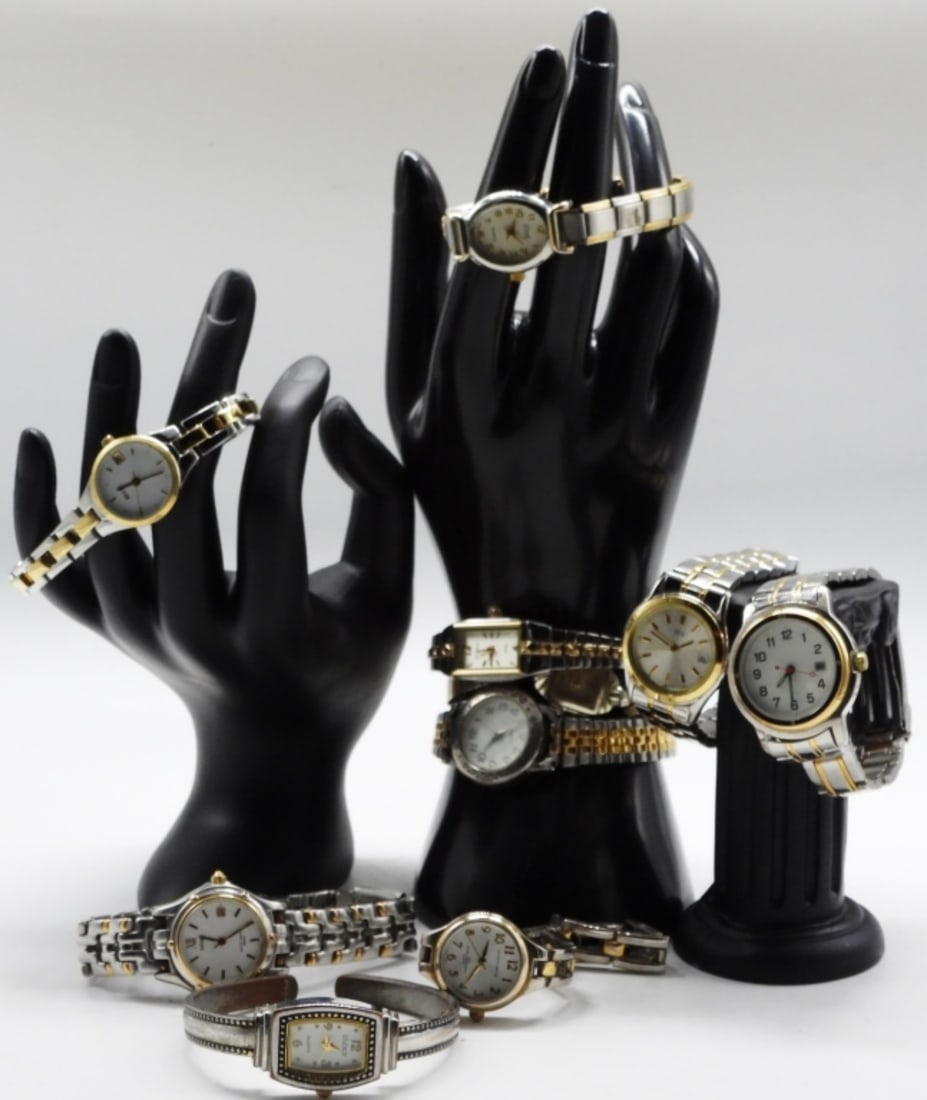 (10) Two-Toned Fashion Watches: Stretchy, clasp, cuff bands in this lot. Some brands: Studio Time, TFX, Seiko, and Relic. Watches are not verified, authenticated, or tested in running condition unless specified.