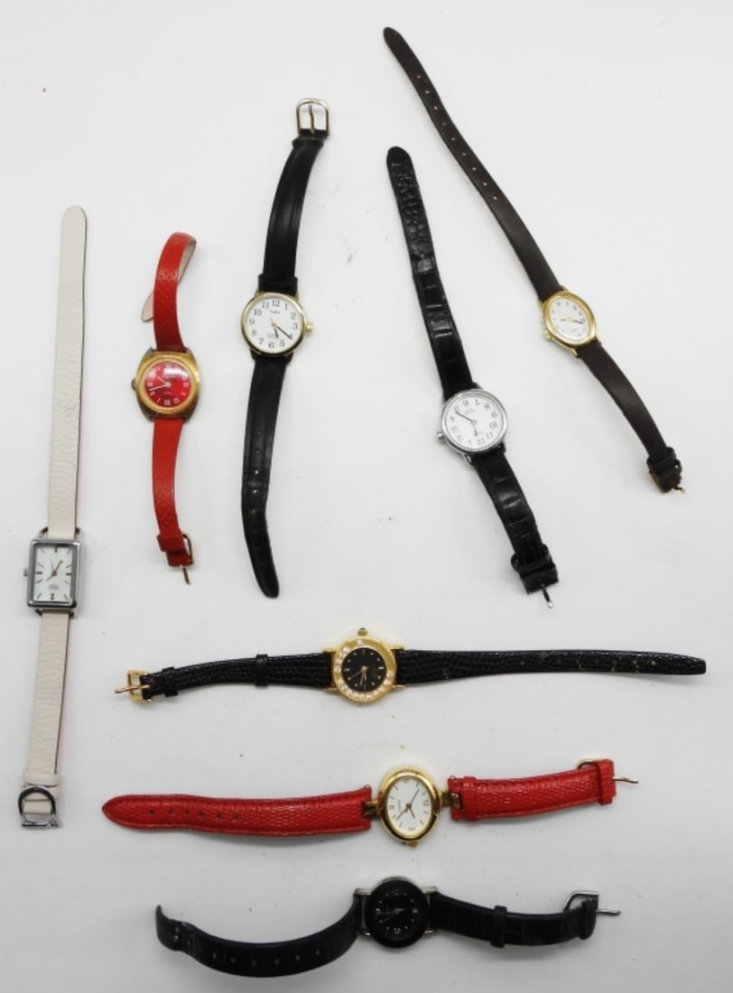 (8) Danity Women's Leather Watches: 6 out of the 7 are marked genuine leather. All different styles. Watches are not verified, authenticated, or tested in running condition unless specified.