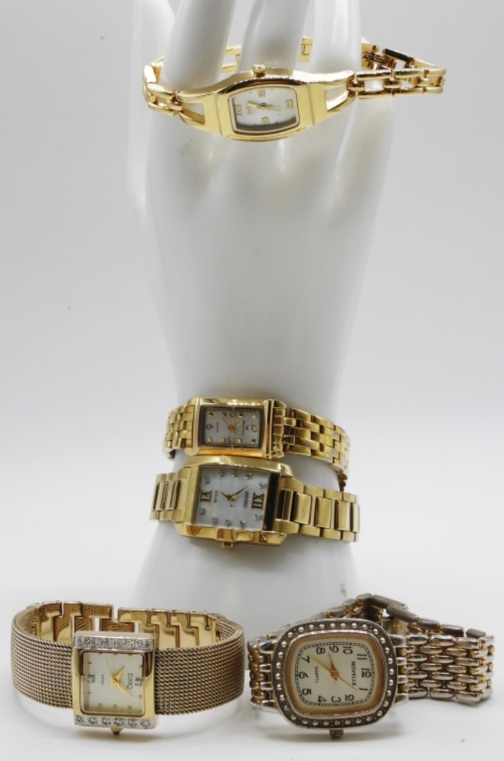 (5) Women's Gold Tone Clasp Watches: Watches are not verified, authenticated, or tested in running condition unless specified