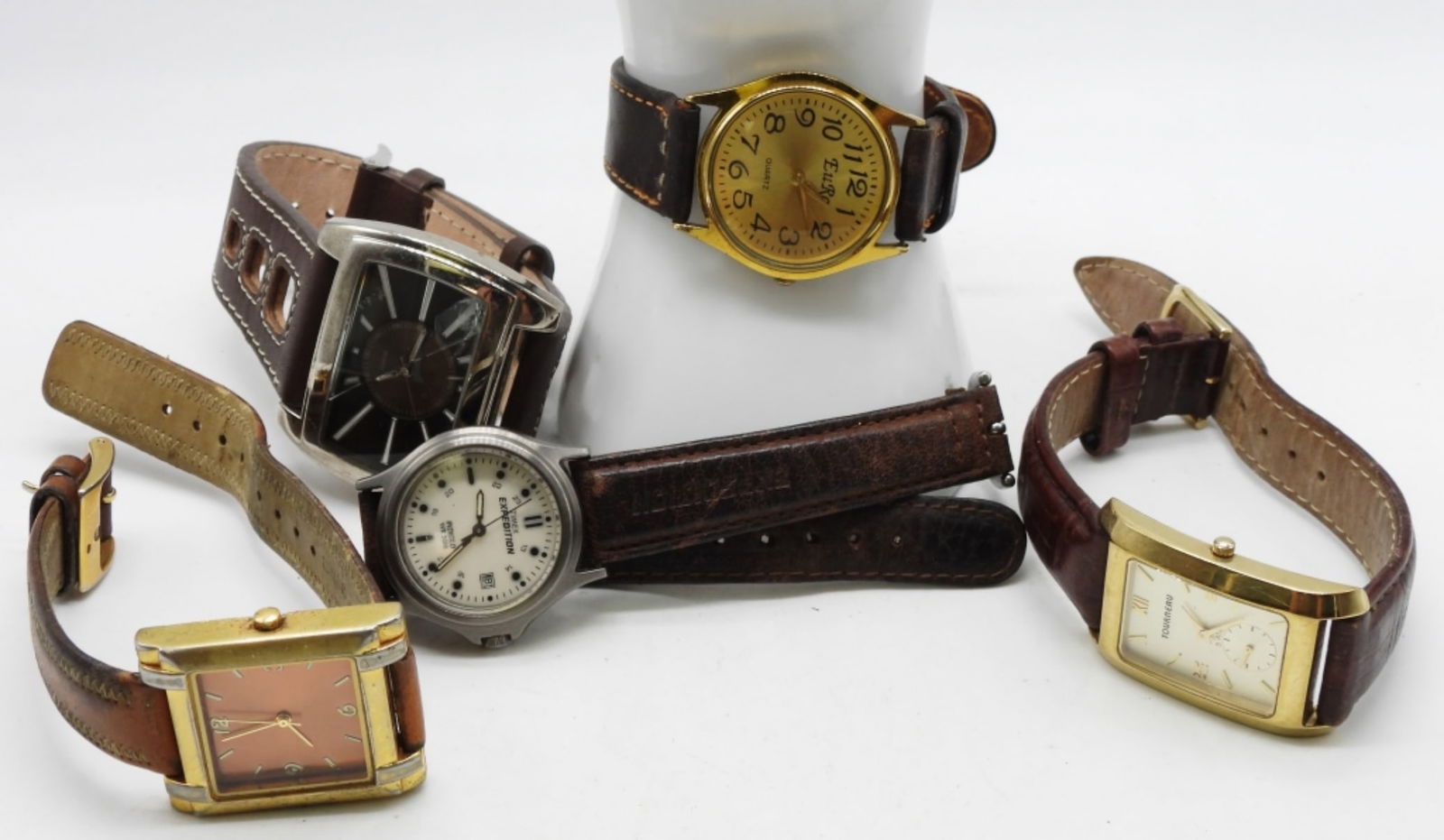 (5) Brown Leather Band Watches: Watches are not verified, authenticated, or tested in running condition unless specified