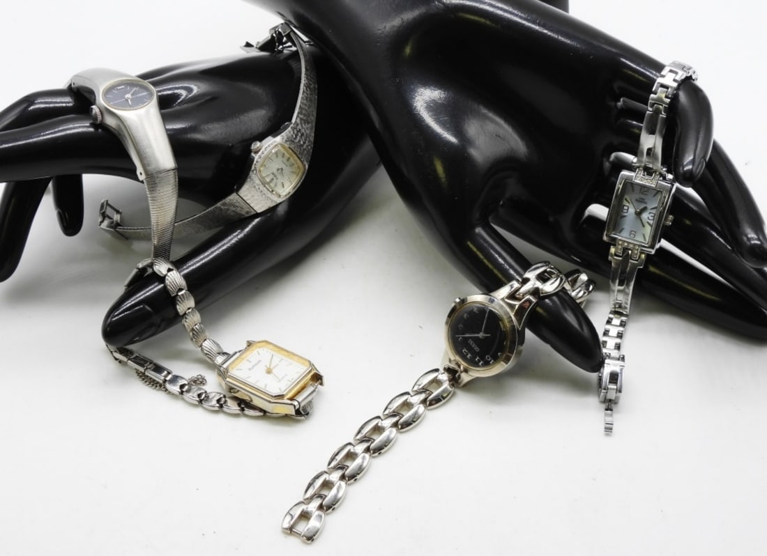 (5) Women's Clasp Watches: All Silver Tone Popular Names Watches are not verified, authenticated, or tested in running condition unless specified