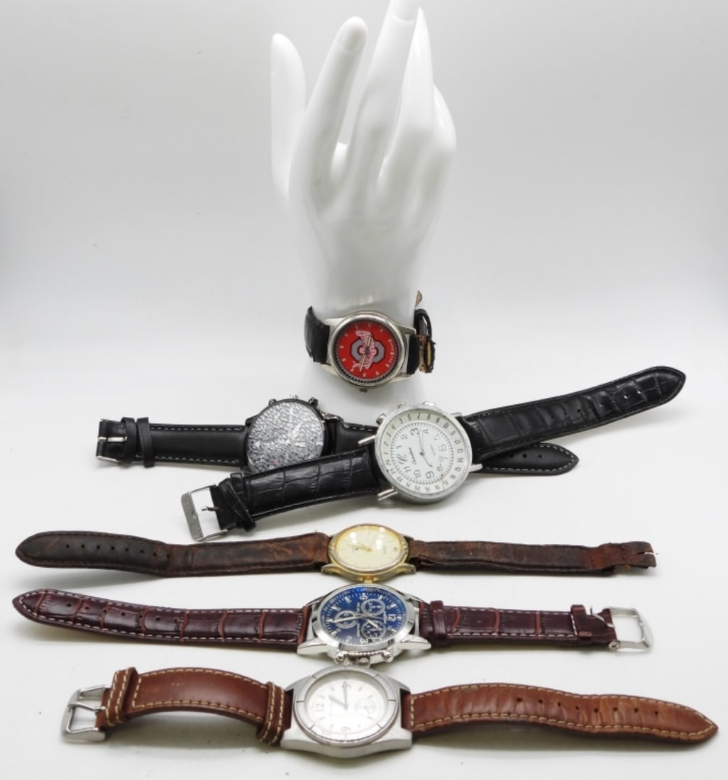 (6) Men's Watch's: 1 is Genuine Leather Watches are not verified, authenticated, or tested in running condition unless specified