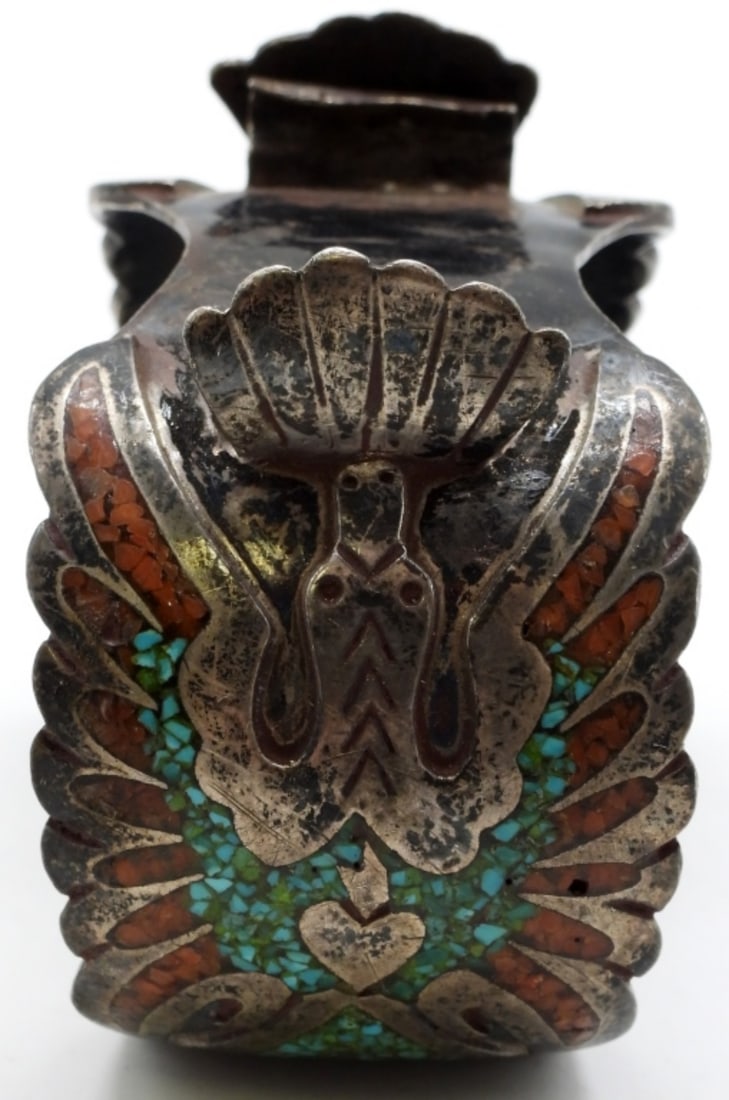 Navajo Sterling Watch Cuff 51DWT: Coral and Turquoise crushed inlay. The clasp to hold one side is broken, but it does look like it can be repaired. Watches are not verified, authenticated, or tested in running condition unless specif