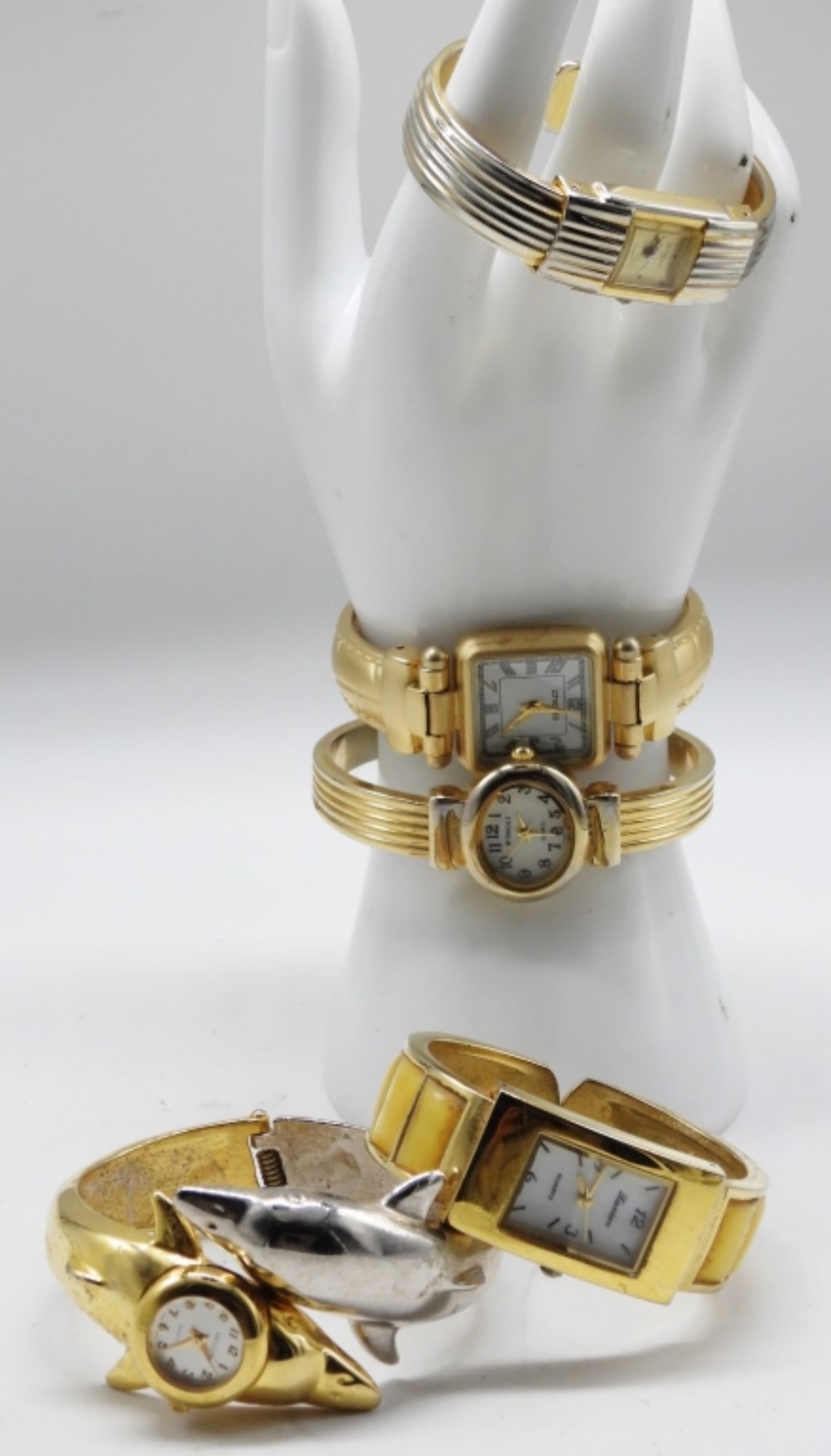 (5) Fashion Cuff Watches: Cuff bands, different styles. Some brands: Chico's, Revlon, Wincci. Watches are not verified, authenticated, or tested in running condition unless specified.