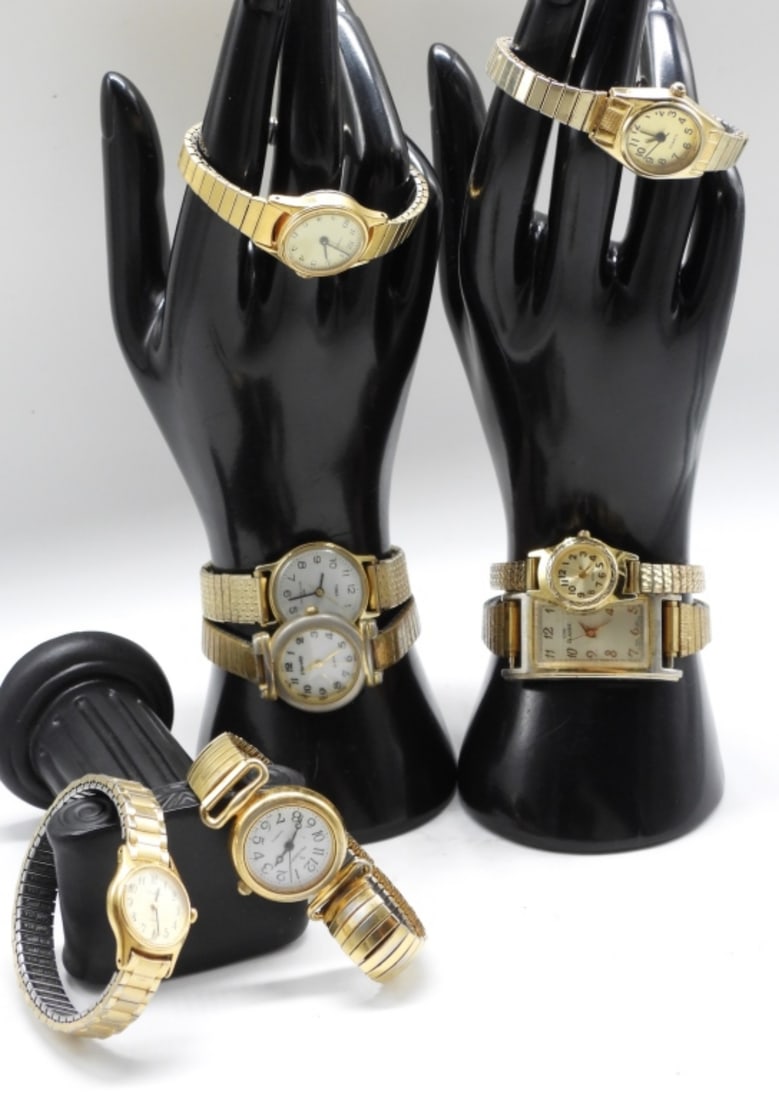 (8) Gold-Tone Watches: All stretchy and gold tone. Some brands in this lot are Eternity, Timex, Peugeot, Watches are not verified, authenticated, or tested in running condition unless specified.