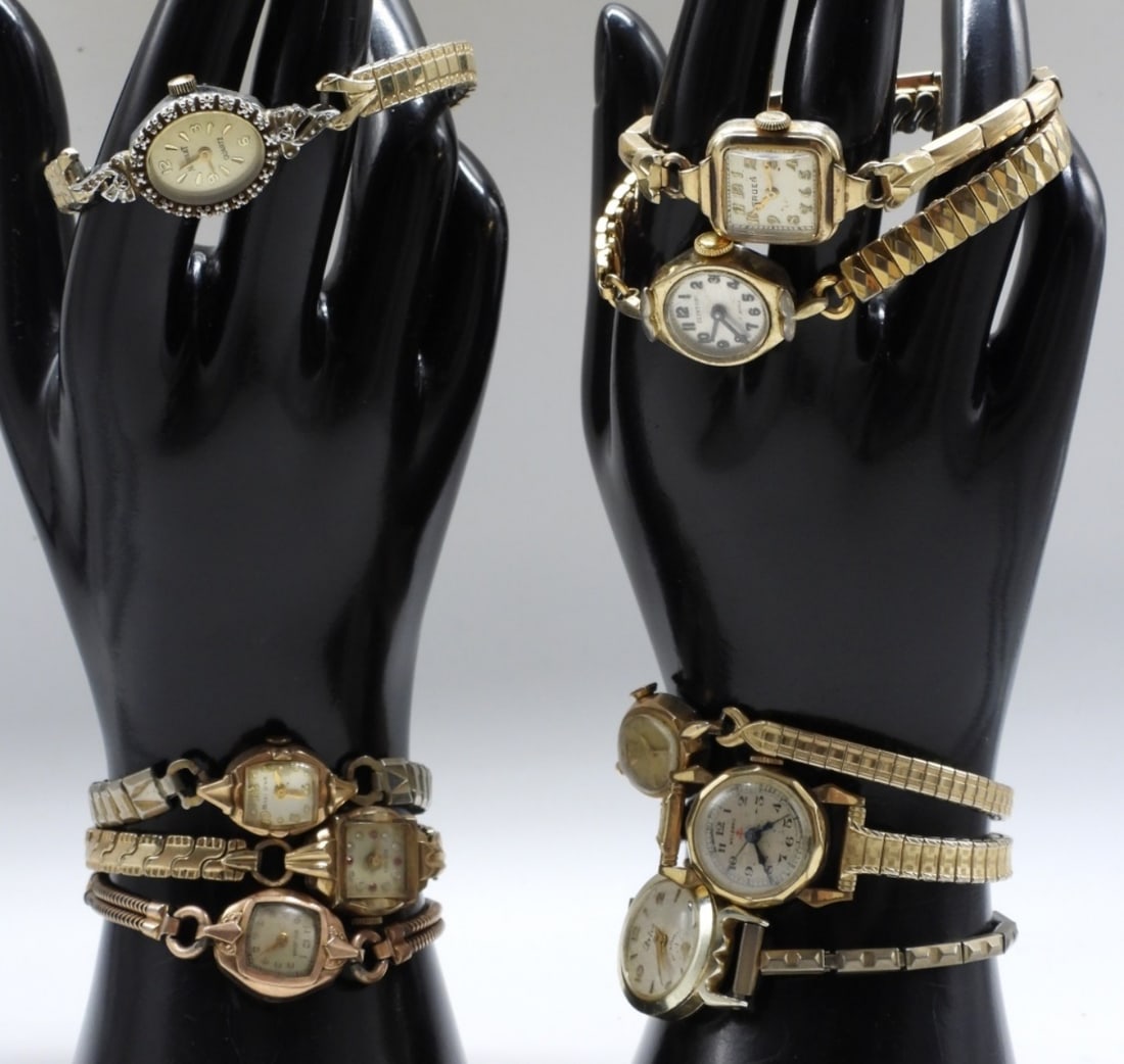 (9) Vintage Dainty Gold-Tone Watches: All different styles. Stretch bands. Watches are not verified, authenticated, or tested in running condition unless specified.