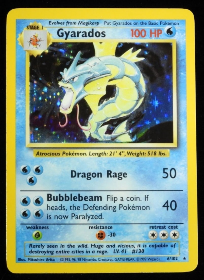 Gyarados 6/102 Holo 1999 (VG): Stage 1, 100HP, rare. 1999. Evolves from Magikarp