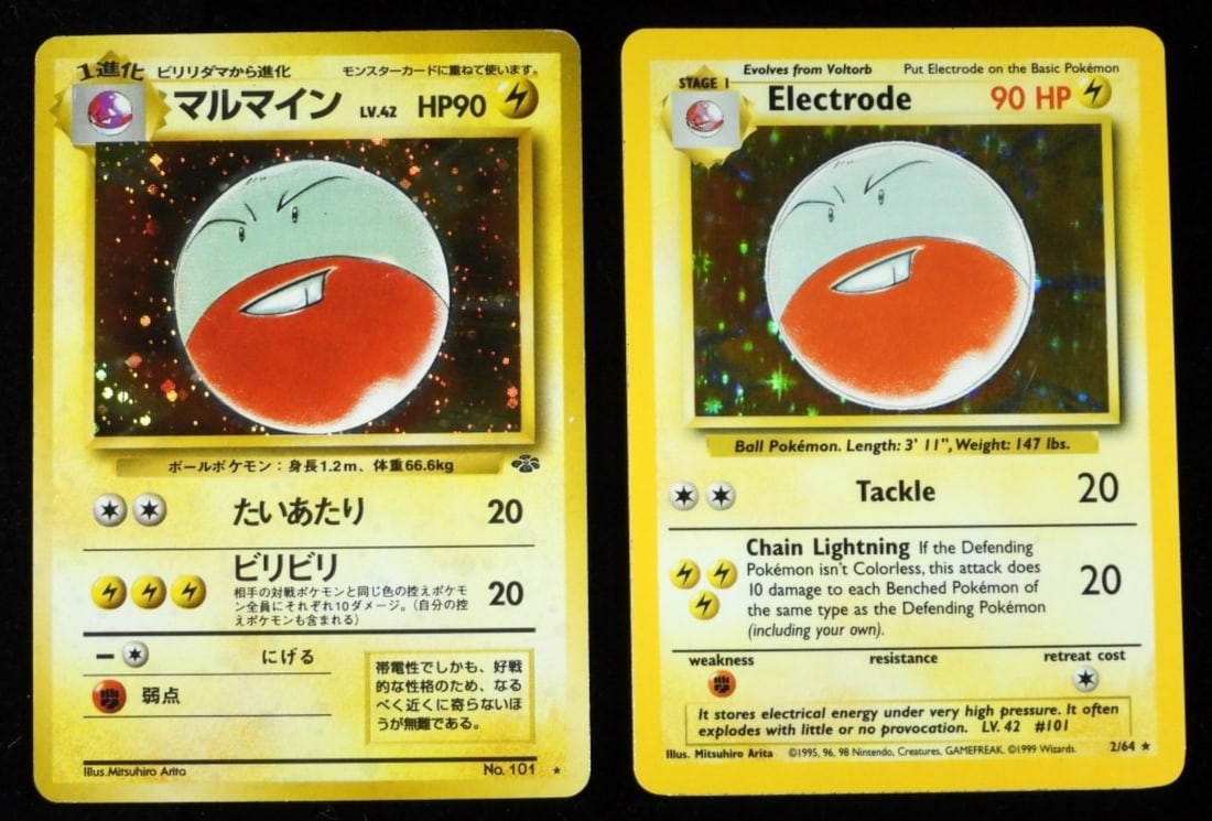1 English & 1 Japanese Electrode Cards (VG): 1 English version 2/64 1999 Stage 1, 90HP. 1 Japanese version #101 HP90 LV.42 1997 Jungle