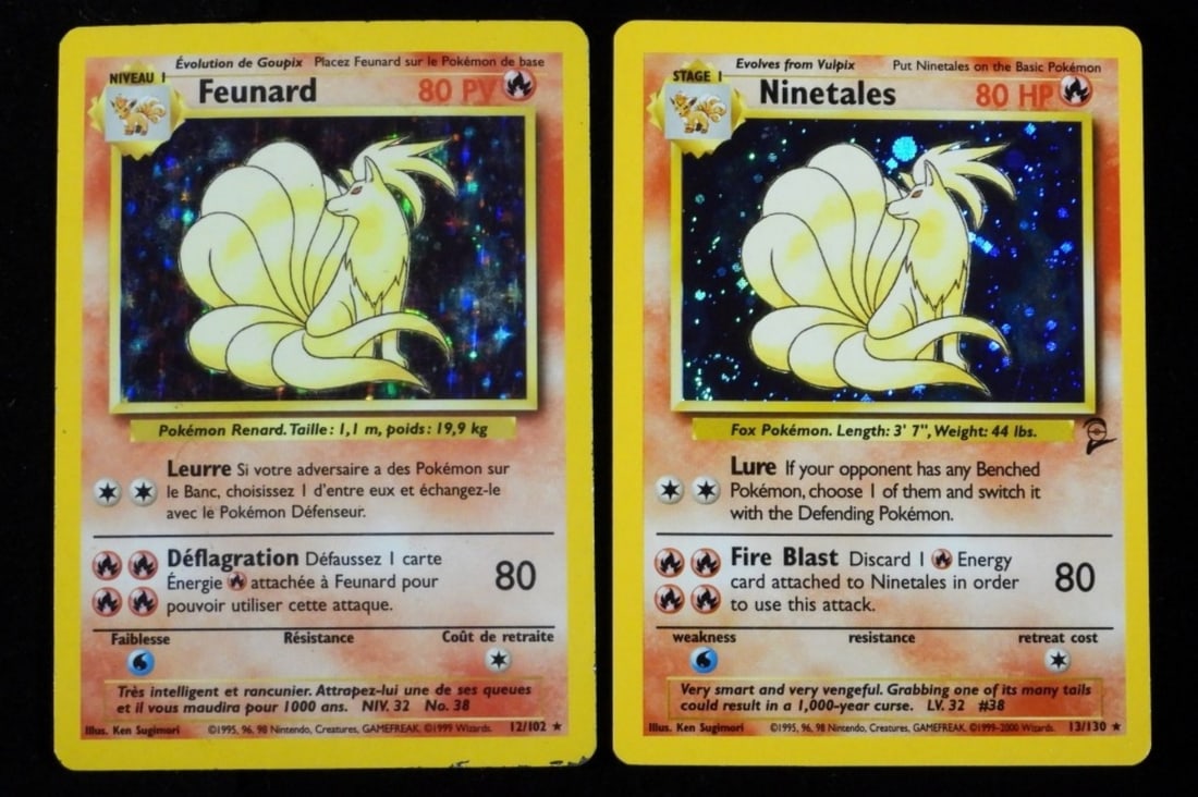 Ninetales English & French Versions (G/VG): 1-Ninetales (English) 13/130 1999-2000. 80 HP Stage 1, Base set 2, VG condition. 1-French version 1999 in G condition with wear around the front and all long the back of the card.