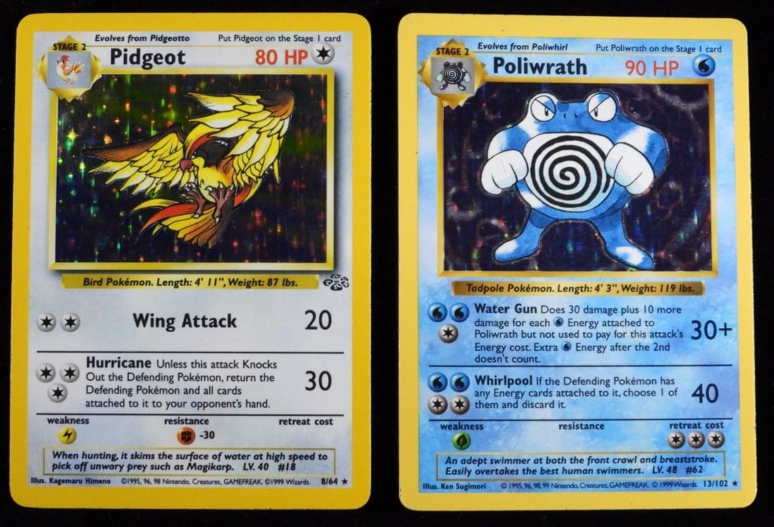 Poliwrath 13/102 & Pidgeot 8/64 Holo (G/VG): 1-Poliwrath 13/102 90 HP rare holo. Stage 2 1999. G condition with some scratches on the front of the card. 1- Pidgeot 8/64 80 HP rare holo. Stage 2 VG condition