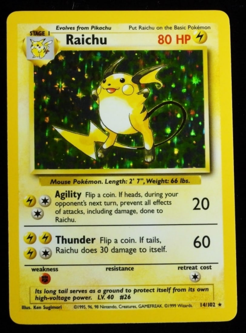 Raichu 14/102 Holo 1999 (VG): 1999. Stage 1, 80 HP, rare holo. Evolves from Pikachu