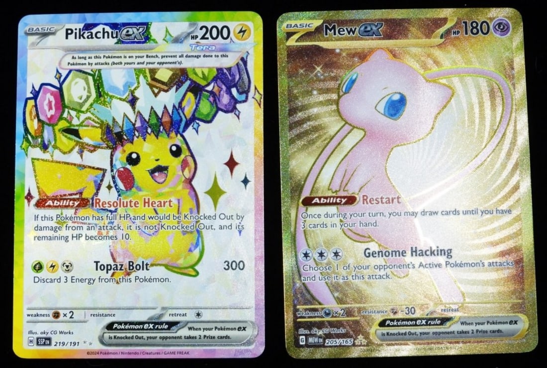 (2) Pokemon TC Pikachu EX & Mew EX: Pikachu EX: 219/191 Holo 2024 VG Basic HP200 H SSP EN Ultra Rare. Mew EX: 205/165 Holo 2023 VG Basic HP180 G MEW EN Hyper Rare.