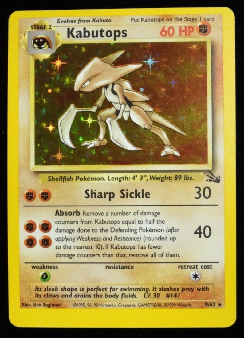 Kabutops 9/62 Fossil Holo 1999 (VG): Stage 2, 60HP, Rare, 1999, Hologram