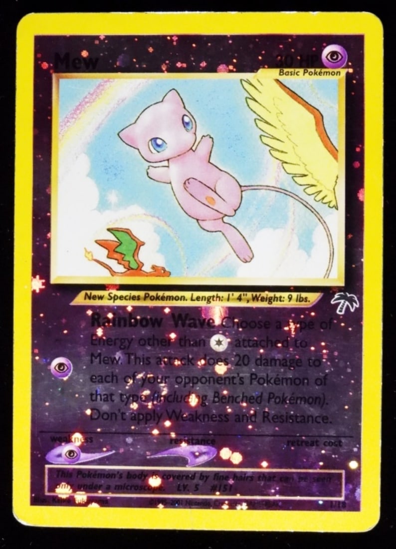 Mew 1/18 Reverse Holo Southern Islands (G): 2001, Basic PokÃ©mon, creases on the bottom of the card and wear along the back of the card.