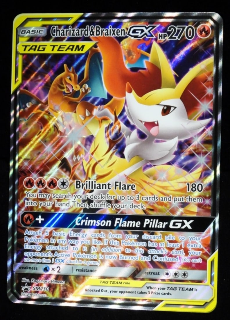 Charizard & Braixen GX SM230 Black Star Promo: NM. 2019. HP270.Basic, Tag team. Jumbo card. Full Art Holo