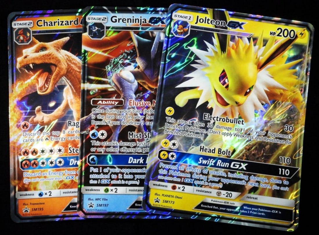 (3) Pokemon Black Star Promo Jumbo Cards: 1- Greninja GX SM197 2019. Stage 2, HP230. 1-Jolteon GX SM173. Stage 1, HP200. 1- Charizard GX SM195. Stage 2, HP250. Hologram. G/VG condition
