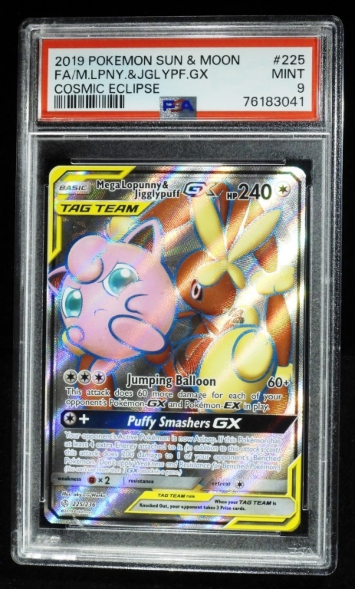 PSA 2019 Pokemon Sun & Moon #225 Mint 9: FA/M.LPNY.&JGLYPF.GX Cosmic Eclipse. Mint 9