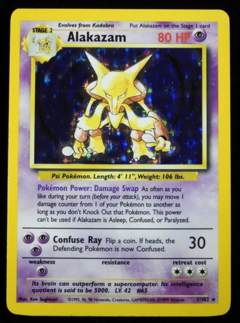 Alakazam 1/102 Holo (VG): 1999. Stage 2 1/102, 80HP. Evolves from Kadabra