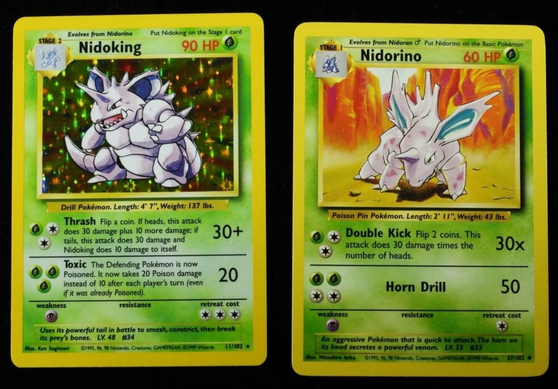 Nidorino 37/102 & Nidoking 11/102: Both shadow cards. 1- Nidorino 37/102 60HP Stage 1, 1- Nidoking 11/102 Stage 2 90HP Holo