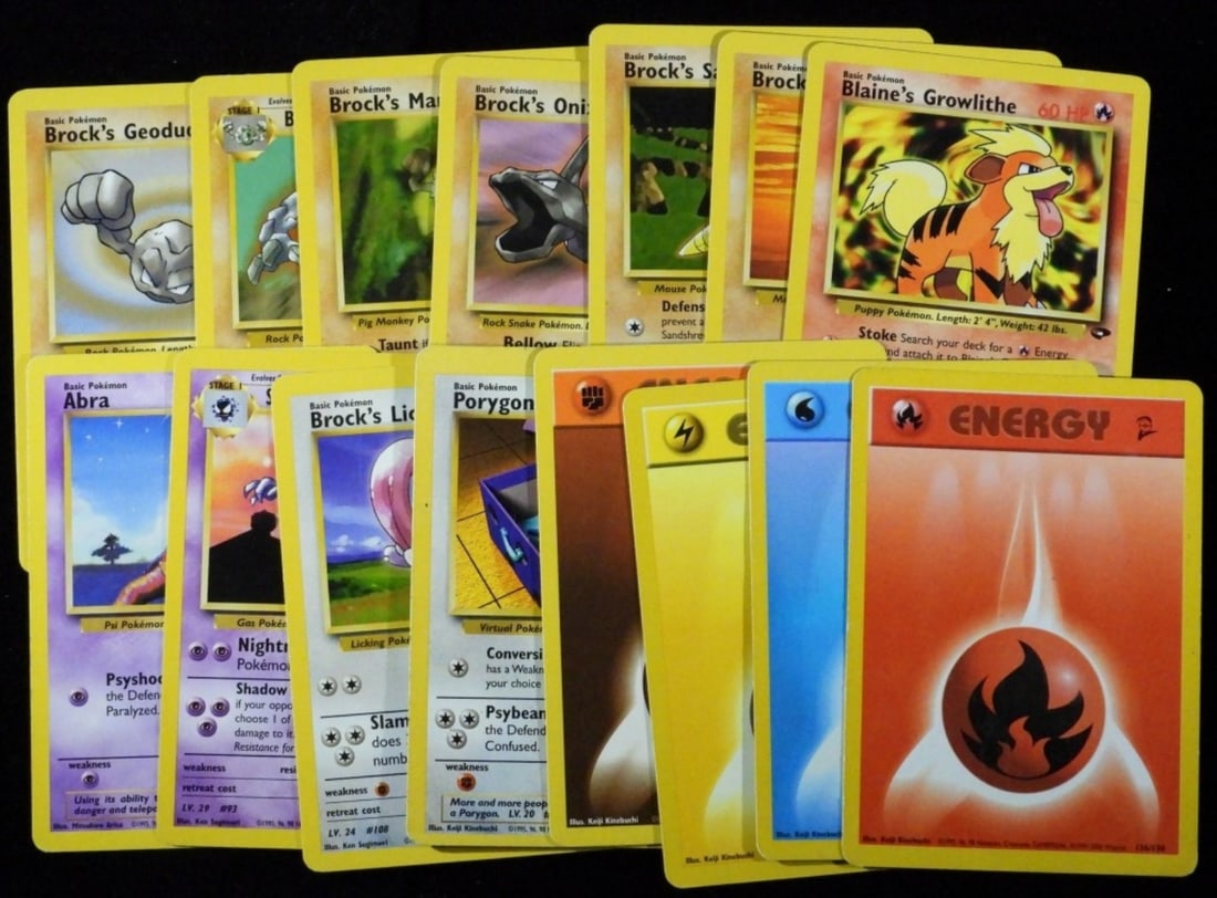 (15) Pokemon Cards VG: Including Energy, Porygon, Brock's Lickitung, Brock's Geodude, & more.
