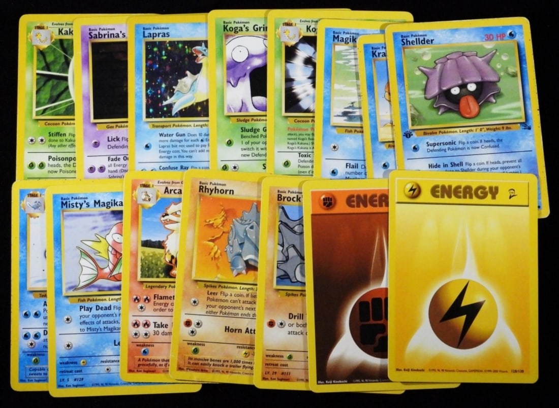 (15) Mixed Lot Of Pokemon Cards VG: Including Lapras 10/62, Sabrina's Gastly, Kakuna, Koga's Grimer, & more.