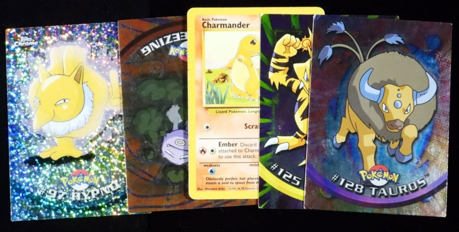 (5) Mixed Pokemon Lot G-VG: 1) #128 Tauros, #125 Electrabuzz, Charmander 46/102, #110 Weezing, #97 Hypno