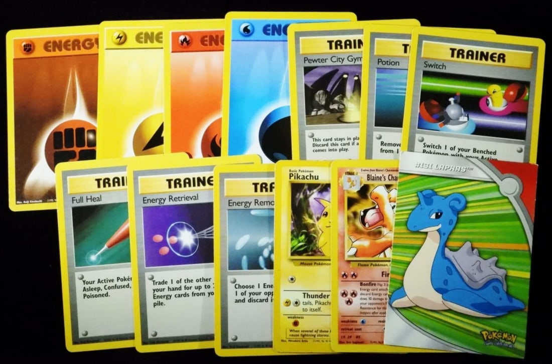 (13) How to Train Your Pokemon? Cards: Including Energy, Trainer cards, Lapras, Blaine's Charmeleon, & Pikachu