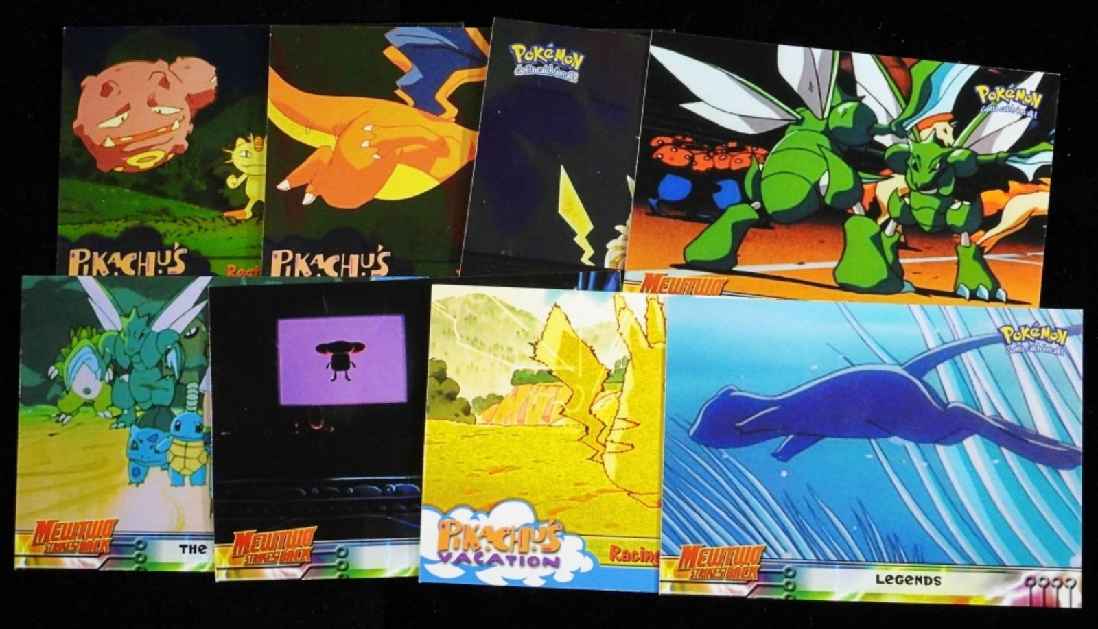 (8) TOPPS Pikachu's Vacation Cards VG: Racing cheek to cheek, Rest and relaxation at last, Trapped Charizard