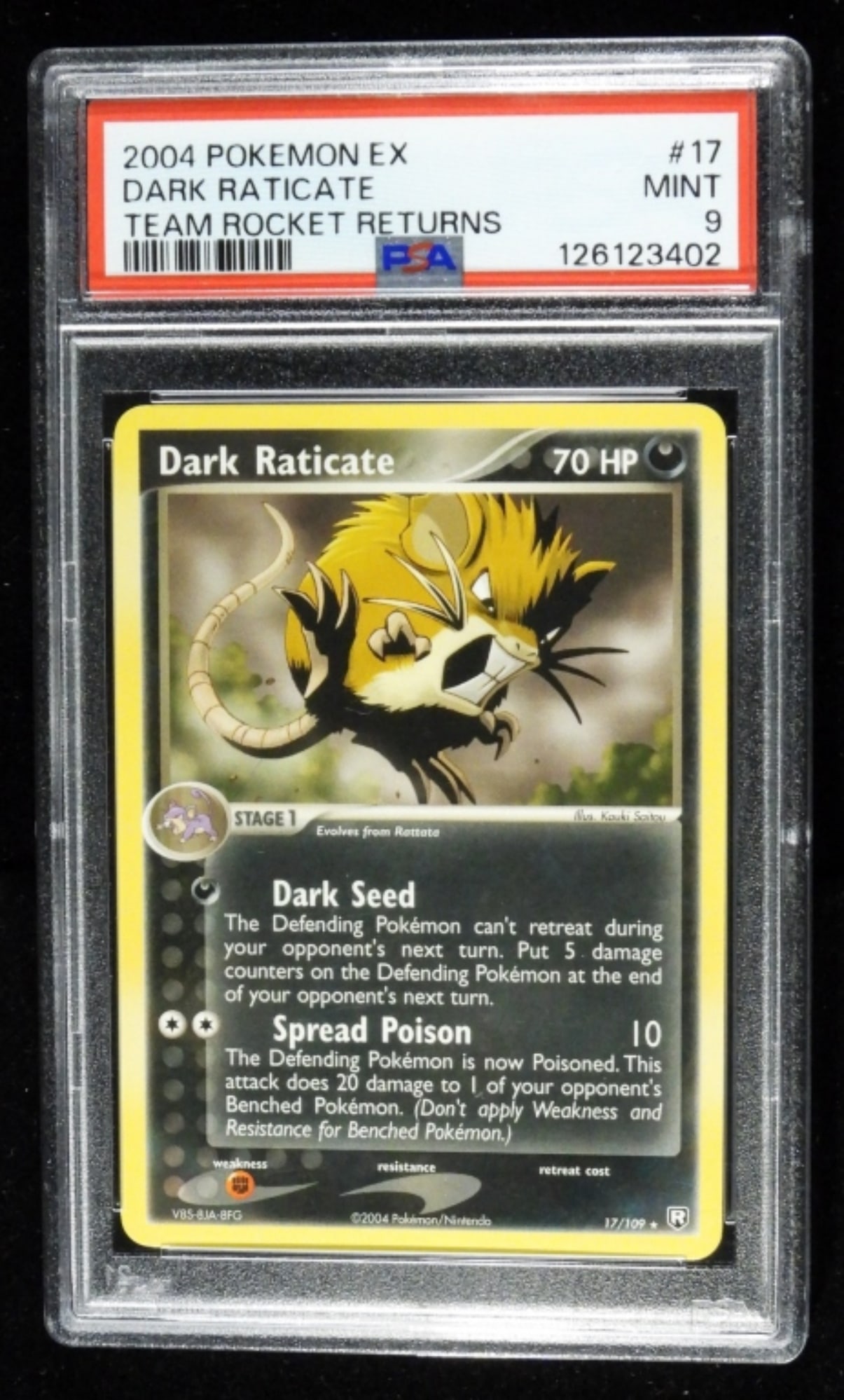 PSA 9 Dark Raticate Team Rocket Returns #17: Mint 9 #17 2004 Pokemon EX Dark Raticate. Team Rocket Returns