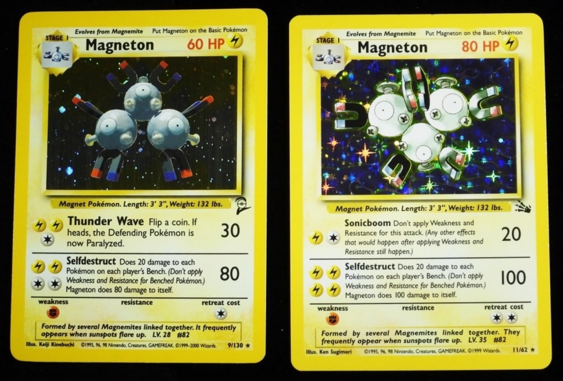(2) Magneton Holo Cards 9/130 & 11/62 (VG): 1- 9/130 Magneton 60 HP, Stage 1. Came from Base set 2 1999-2000. 1- 11/62 Magneton 80 HP, Stage 1. 1999 Fossil set. Both are in VG condition