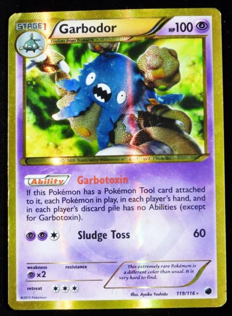 Garbodor 119/116 Full Art Holo 2013 (G): G condition with wear and smug all along the trading card. HP 100, Stage 1. Secret Rare, plasma freeze