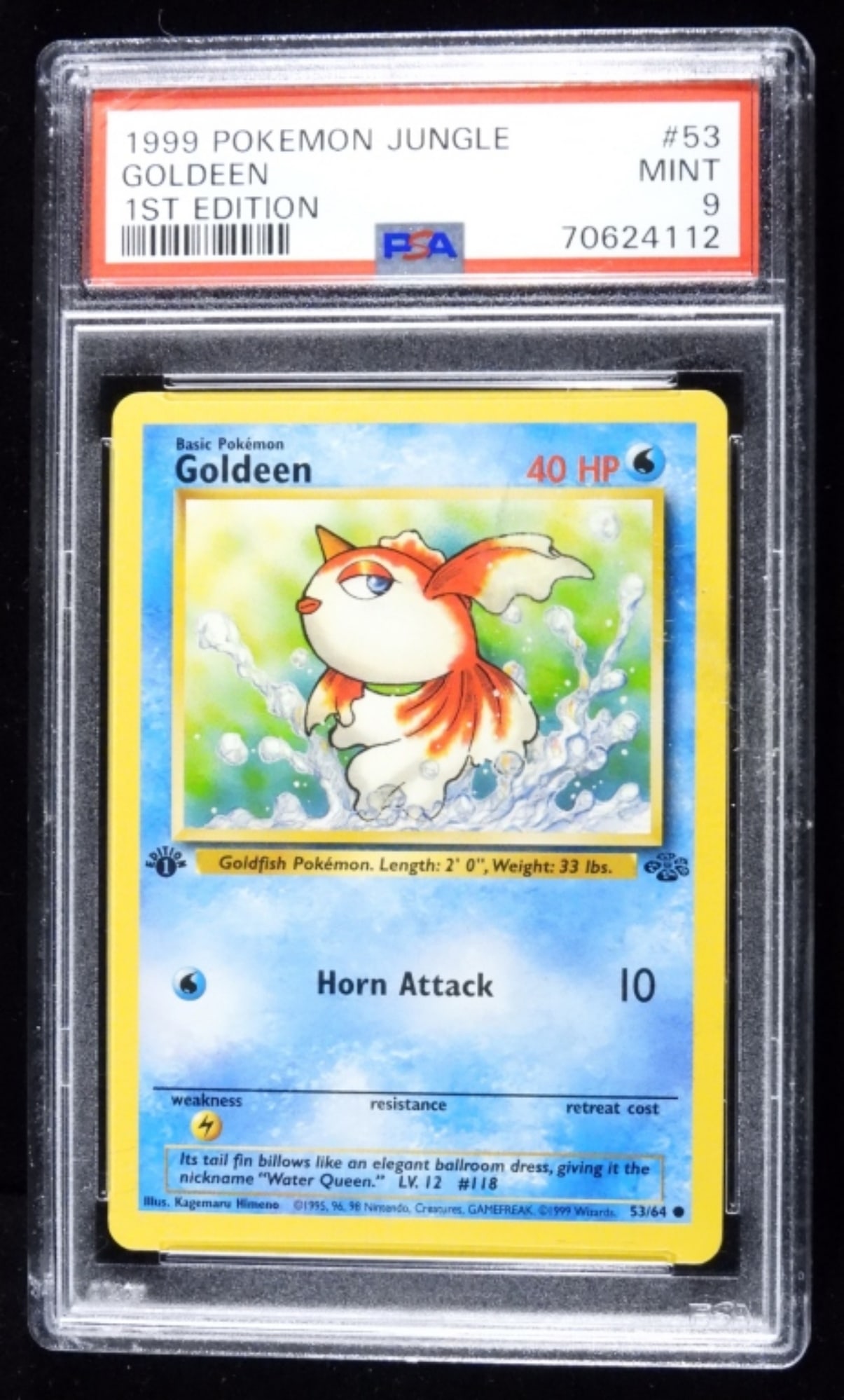 PSA 9 Goldeen 53/64 1st Edition Jungle: 1999 Pokemon Jungle Goldeen 1st edition. HP 40 Mint 9 53/64