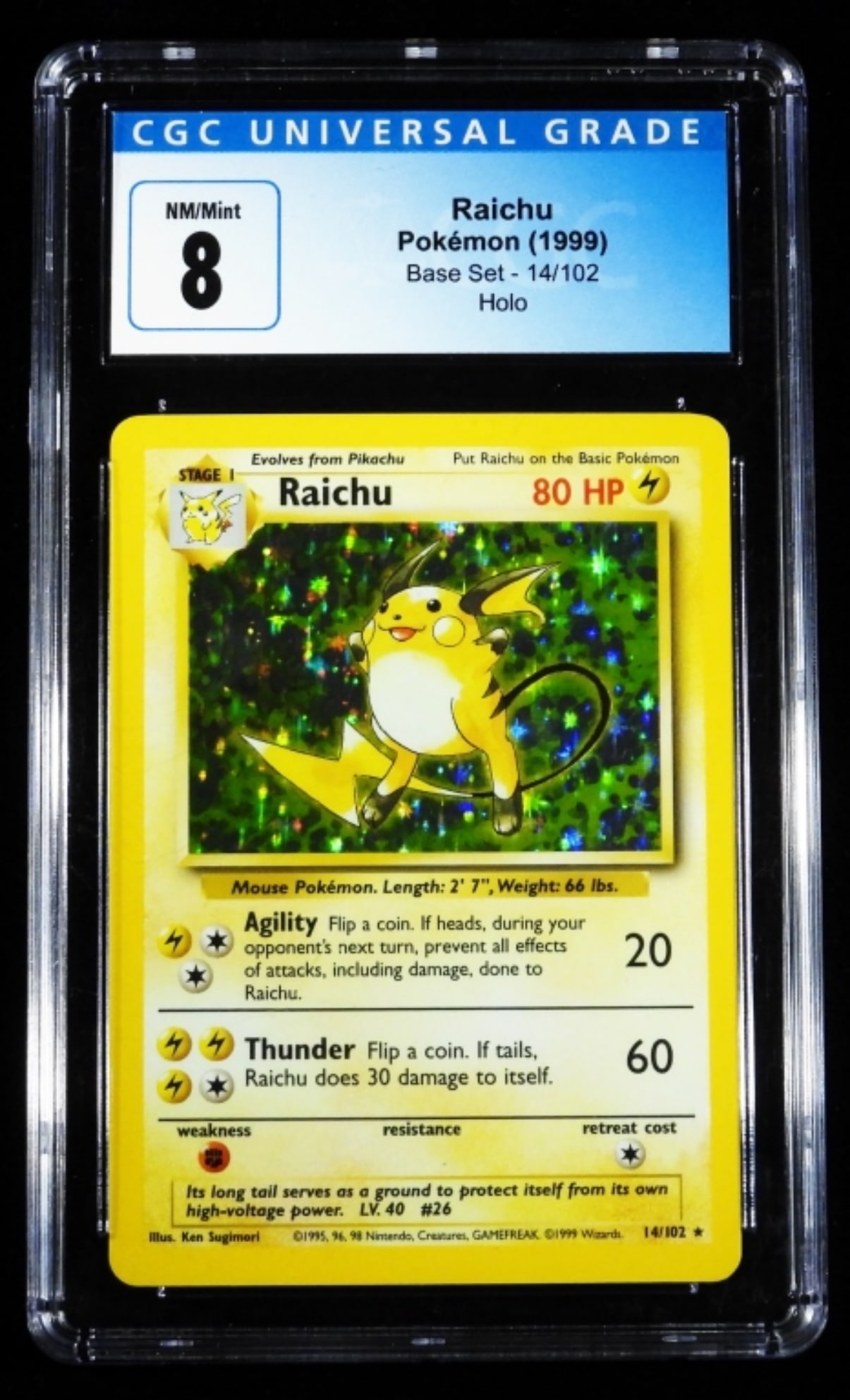 CGC 8 Raichu Base Set 14/102 Holo 1999: CGC NM/Mint 8 Raichu Pokemon 1999. Base Set holo 14/102. Stage 1, 80 HP