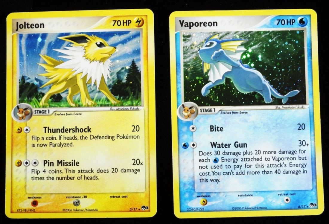 Jolteon 3/17 & Vaporeon 6/17 2006 Holo (G/VG): Vaporeon 6/17 Stage 1 70 HP, Jolteon 3/17 Stage 1 70 HP. Both rare from 2006 and holo. G/VG cards are a little rolled in.