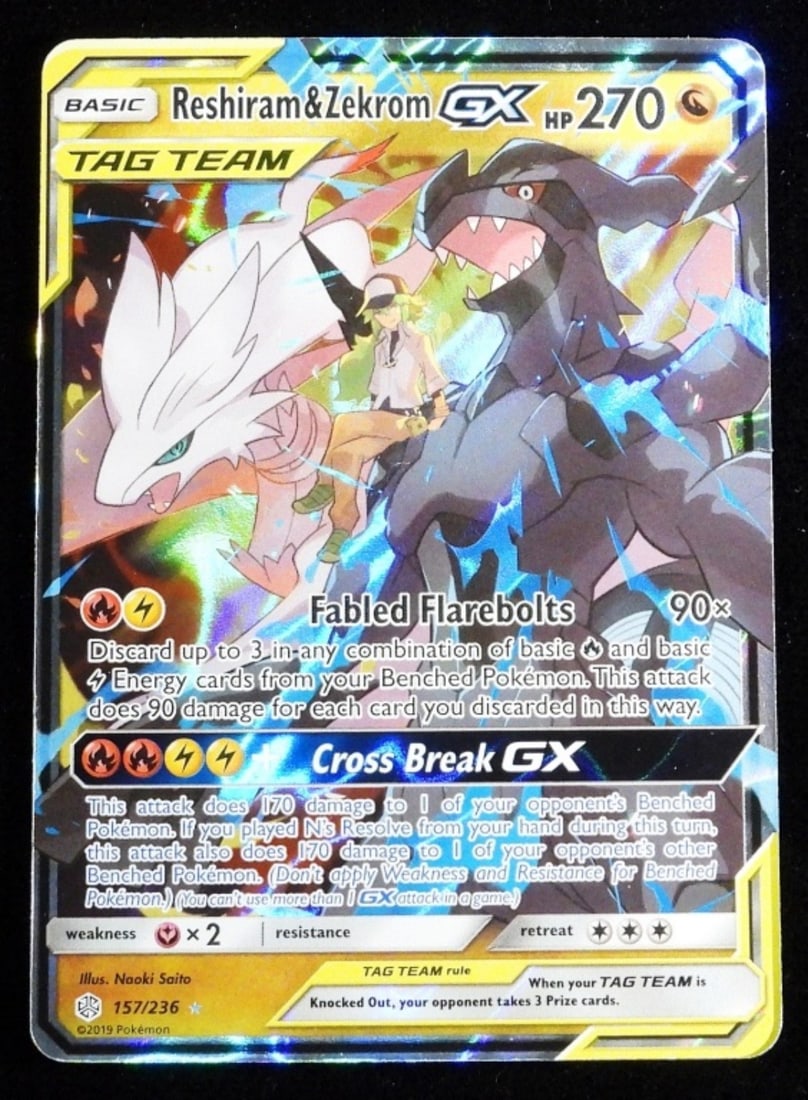 Tag Team Reshiram & Zekrom GX 157/236 2019: VG condition. HP 270, basic, Tag team. Full art holo
