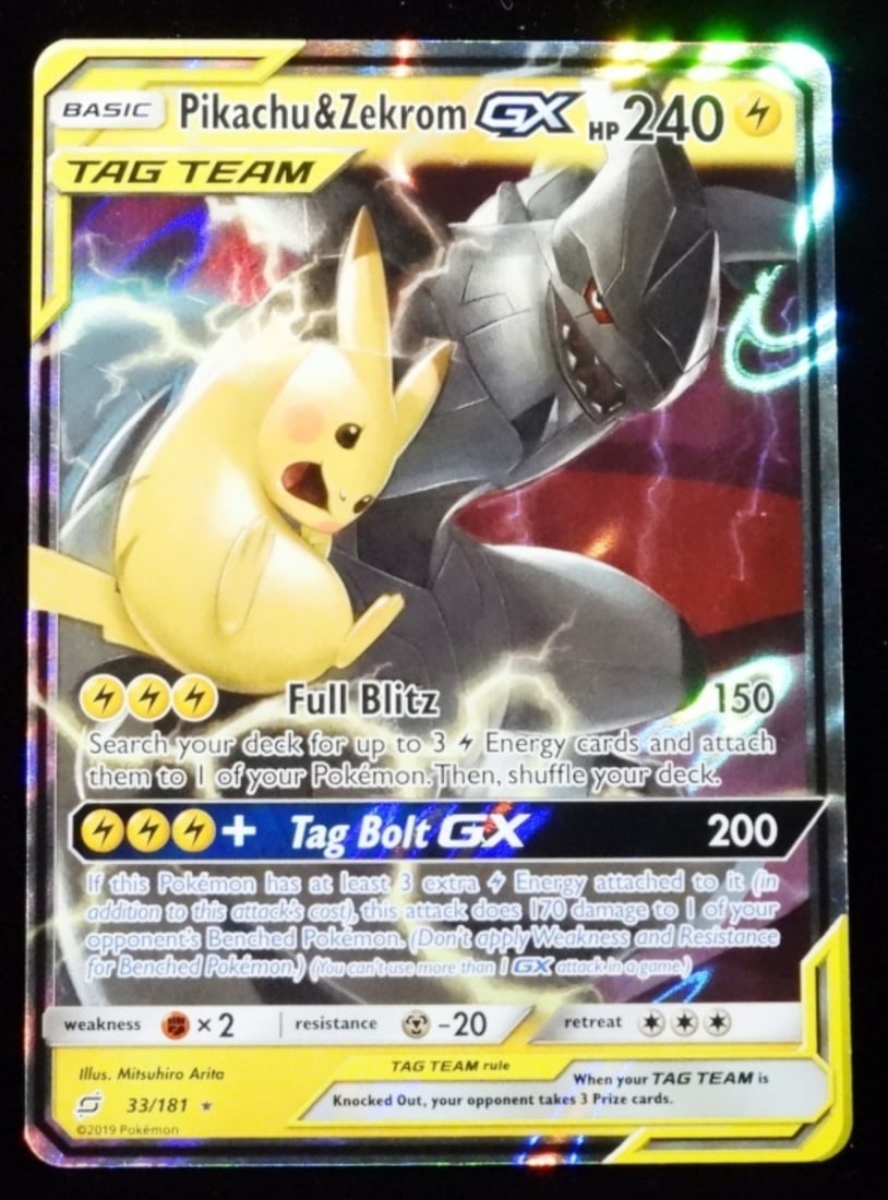 Pikachu & Zekrom GX 33/181 Tag Team 2019: VG condition. HP 240, basic, Tag Team. Full art holo.