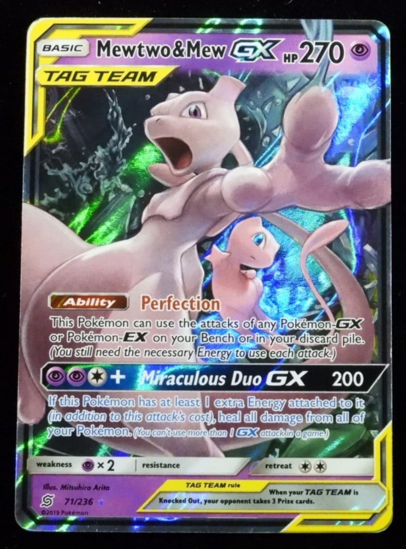 Mewtwo & Mew GX 71/236 Tag Team 2019: VG condition. HP 270, basic, Tag Team. Full art holo.