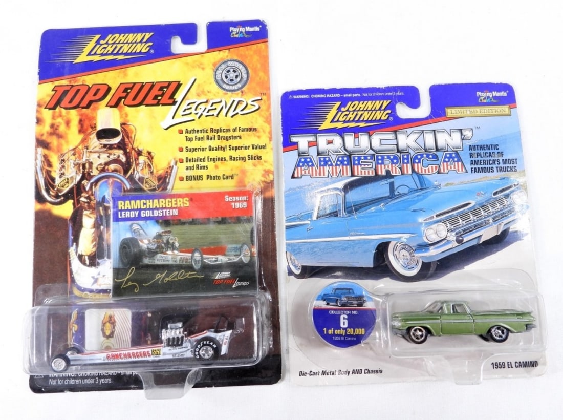 (2) Johnny Lighting Cars: 2 Johnny Lightning Cars. First car is A 1998 Top Fuel Legends Ram chargers Leroy Goldstien Car(in box). Second is a Limited Truckin' America Die Cast Body and Chassis 1959 El Camino ( in box),