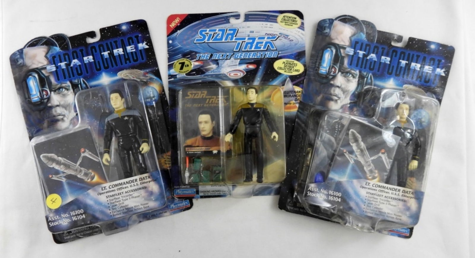 Star Trek LT. Commander Lot (3): 1996 First contact LT. Commander Data in original box (slightly damaged) (X2), and 1994 Star Trek the Next Generation. In fair to good condition, preowned.