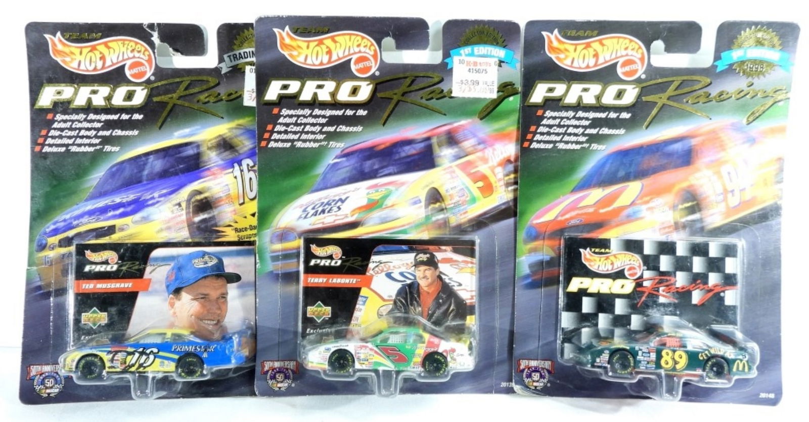 (3) 1998 Pro Racing Hot Wheels: All still in new packages. 1.1998 Ted Musgrave Ford Taurus. 2. 1997 #89 Dennis Setzer NASCAR Primestar sponsor, known as "Error Car" because it is packaged in a package for number 94 Bill Elliott,