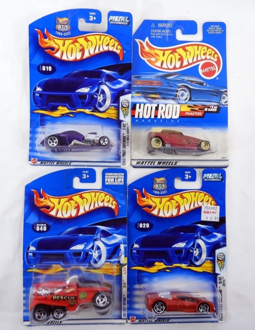 (4) Hot Wheels First Editions & More: Four Hot Wheels, New In Box. First Editions - 2001& 2003. Hot Rod Magazine Phaeton 1999.