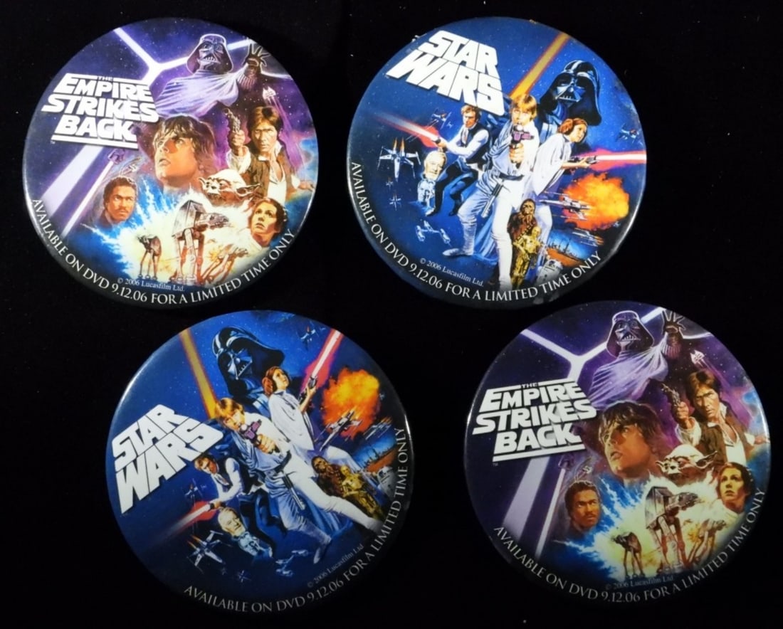 (4) Star Wars Promotional Buttons 2006: 2- Star Wars and 2- The Empire Strikes Back 2006