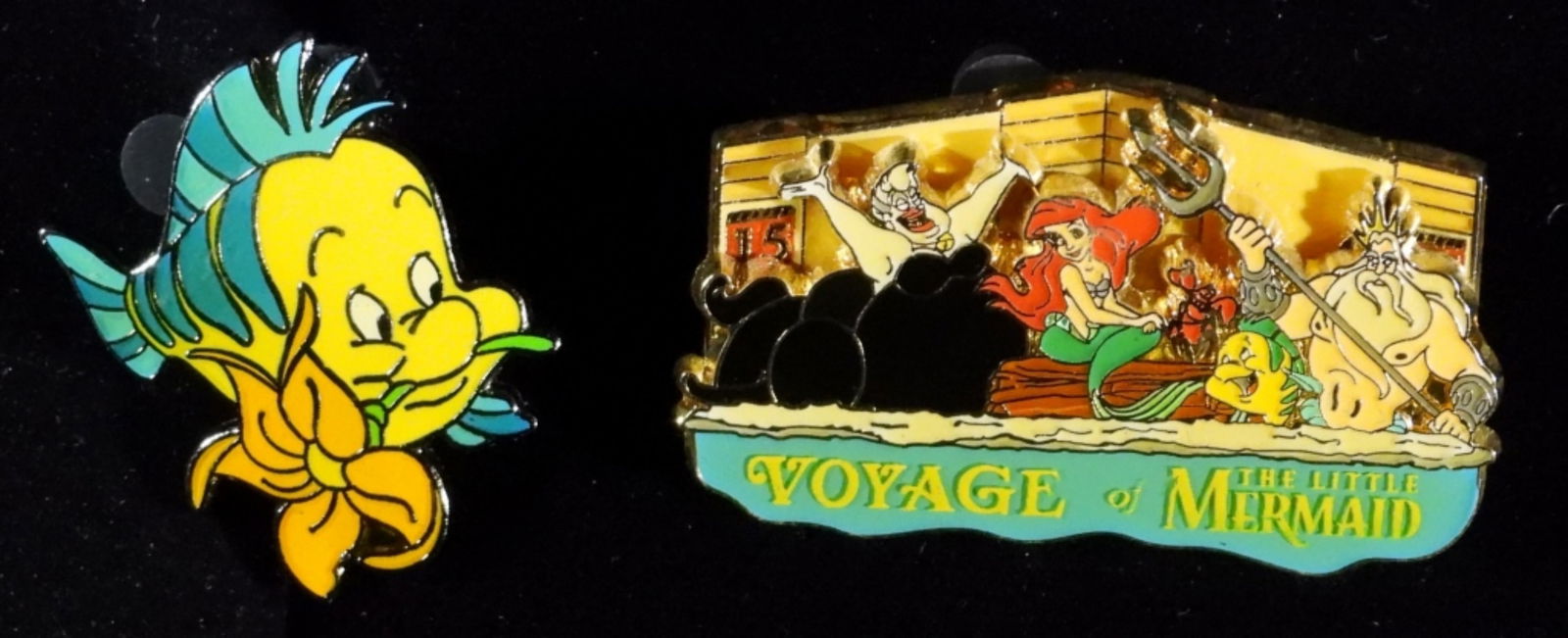 Disney Little Mermaid & Flounder Trading Pin: 1- 2006 Voyage of The Little Mermaid official pin trading, 1- Flounder with a flower from ProPin Germany