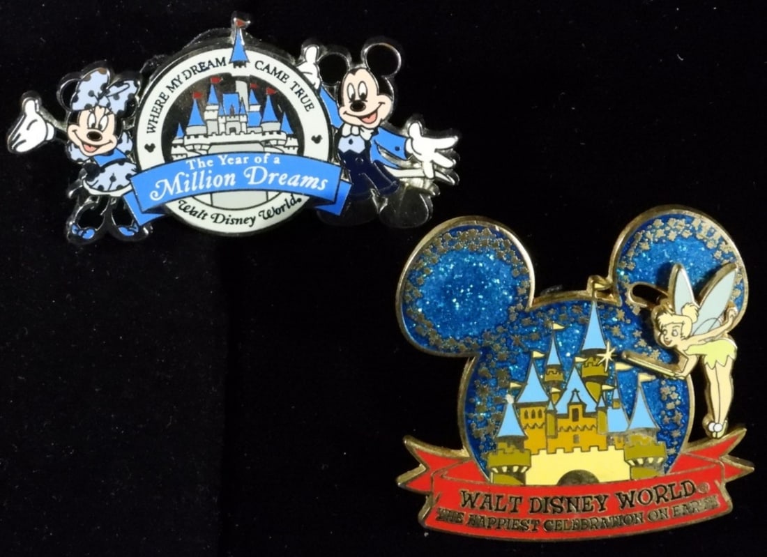 (2) Walt Disney World Trading Pins: Both from the Official Pin Trading Disney. 1- Disney castle with moving Tinker Bell 2005. 1- The Year of a Million Dreams pin.