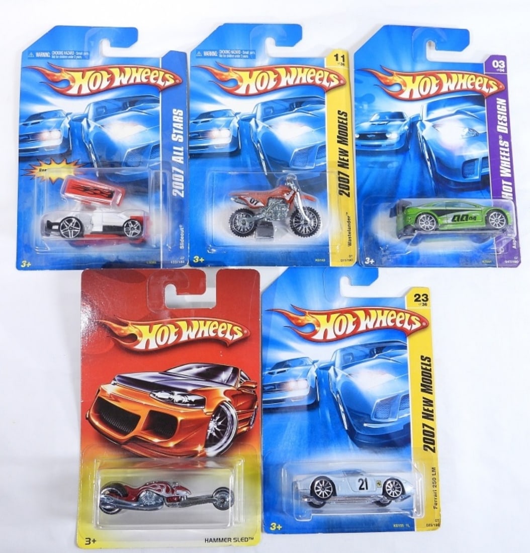 (5) Hot Wheels Cars - 2006: Five Hot Wheels Cars from 2006. Ferrari 250 LM, Asphalt Assault, Wastelander, Hammer Sled & 2007 All Star Slideout. All new in box!