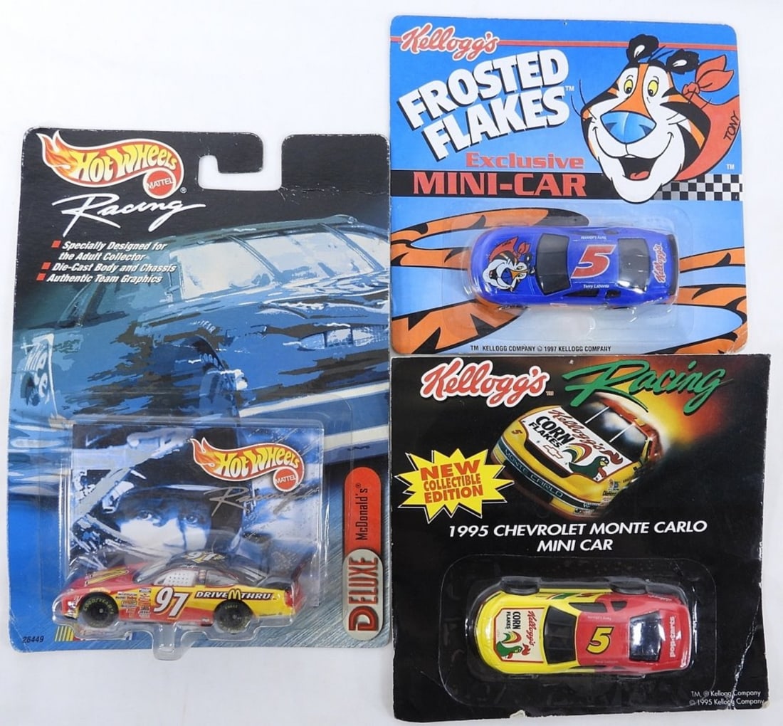 Kellogg's Racing & Hot Wheels, New In Boxes: (2) Kellogg's Racing Cars, new in box. Hot Wheels Racing Deluxe McDonalds Car, 1999.
