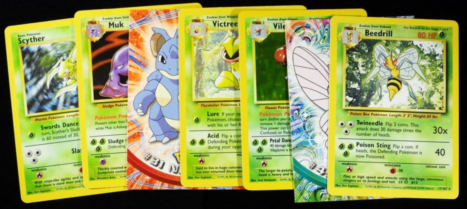 (7) Pokemon Cards: 1) Beedrill, Venomoth, Vileplume, Victreebel, Nidoqueen, Muk, & Scyther
