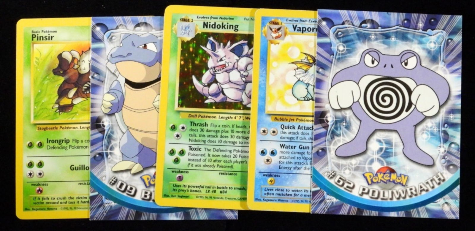 (5) Pokemon Trading Cards VG: 1) Vaporeon, 2) Nidoking, 3) Blastoise, 4) Pinsir, 5) Poliwrath