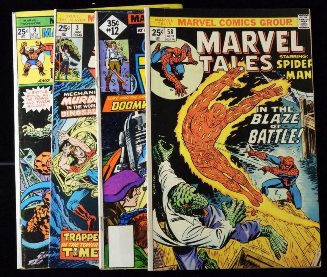 (4) Mixed Marvel Comics G/VG: Marvel Tales Starring Spiderman # 58, Star Wars # 12, Skull the Slayer # 3, and Two in One; Thing and Thor. No loose pages, some wear to covers.